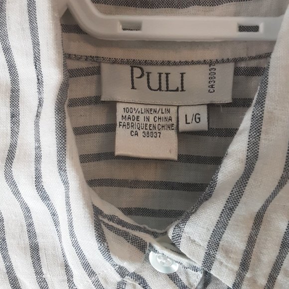 Puli 100% Linen White Grey Pinstripe Button Up Shirt Blouse, Size Large - Picture 13 of 13